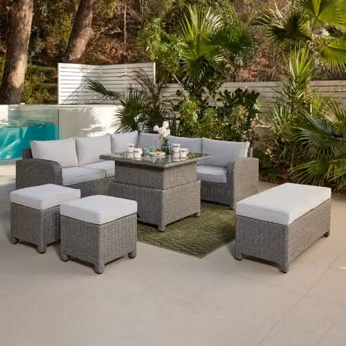 Home Detail Segrada L-Shaped Grey Rattan Garden Furniture Set with Rising Table and Cushions, 5 Seater – 2