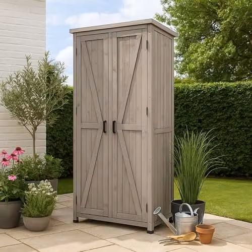 AIRWAVE Grey Spruce Wood Garden Storage Tool Shed with Internal Shelves and Hinged Doors, W/D/H: 51.5 x 85.0 x 183.0 cm