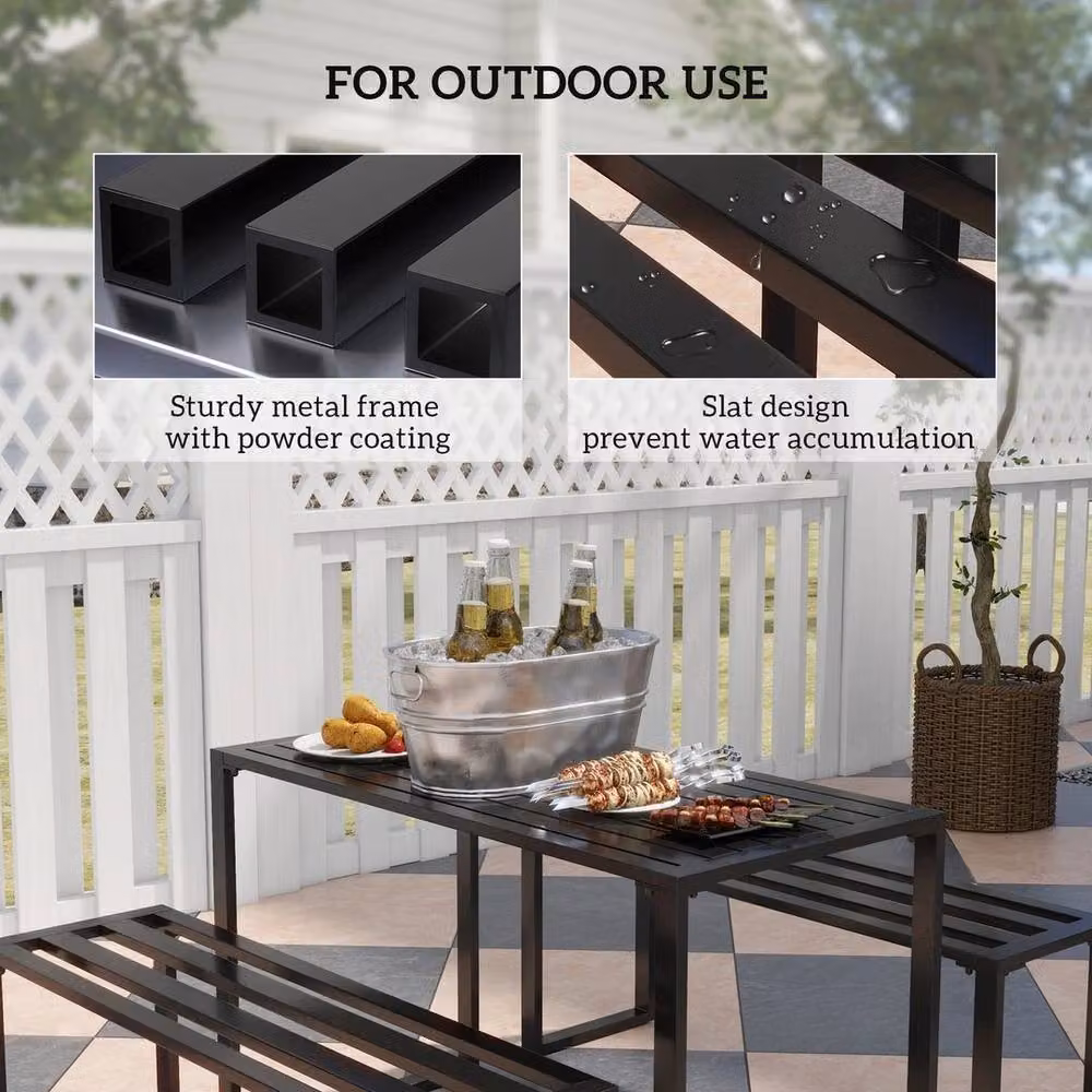 PAWNORA 3 Piece Modern Outdoor Dining Set in Matt Black Powder Coated Steel – 3
