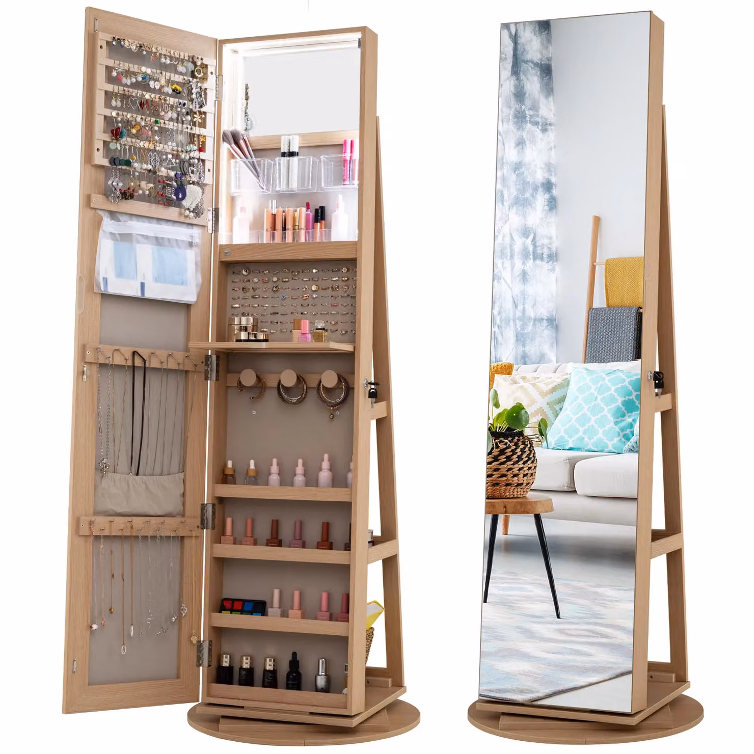 Costway 360 Rotating Standing Jewelry Armoire and Makeup Cabinet with LED Lighting and Lock in Natural Wood Finish – 3