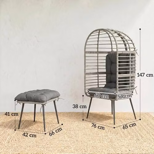 Outsunny Standing Garden Egg Lounge Chair with Footstool and Cushions, Light Grey – 3