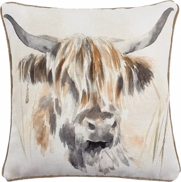 Make it a Home Watercolour Highland Cow Feather Rich Square Cushion in Multicolour and Brown