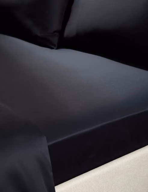M&S x Kelly Hoppen 500 Thread Count Cotton Sateen Extra Deep Fitted Sheet, Black, W: 140 cm, L: 200 cm, Depth: 38 cm