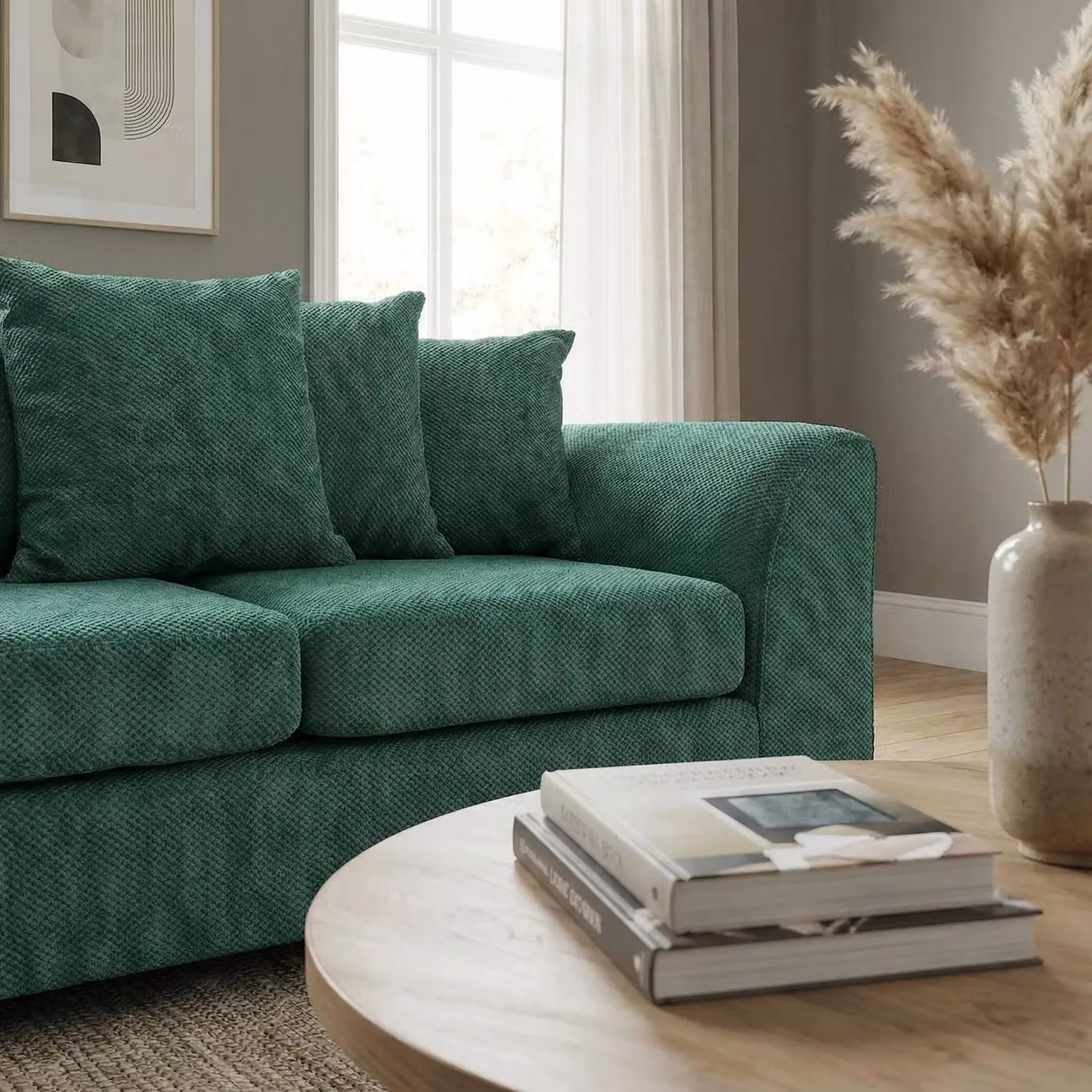 Abakus Direct Jumbo Grid 3 Seater Upholstered Fabric Sofa with Scatter Cushions in Grey, Beige or Green – 5