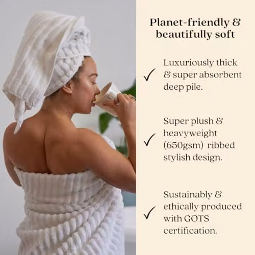 Misona Organic GOTS Cotton Luxury Ribbed Bath Sheet, White, W: 100 cm, L: 150 cm, 650GSM – 2