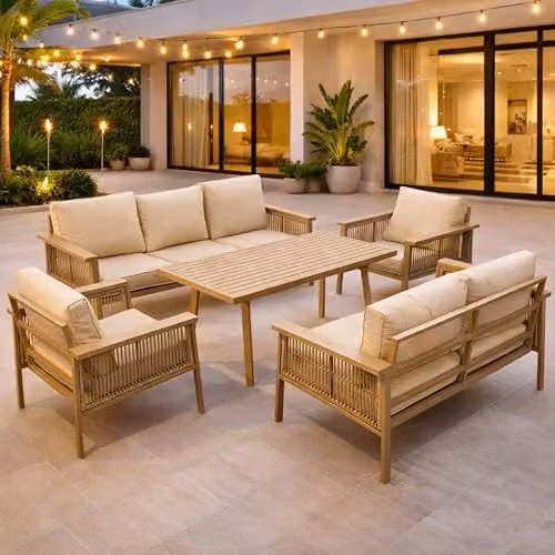 SHATCHI 7 Seater Aluminium Garden Furniture Set with Dining Table and Beige Upholstered Foam Cushions – 2
