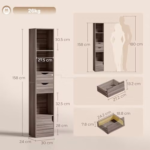 HOMCOM 3-Tier Grey Modern Bookcase with Drawers, H 158 x W 30 x D 24 cm – 4