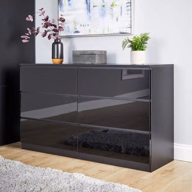 Home Source Lugano 6 Drawer Wide Chest of Drawers with High Gloss Fronts in Black