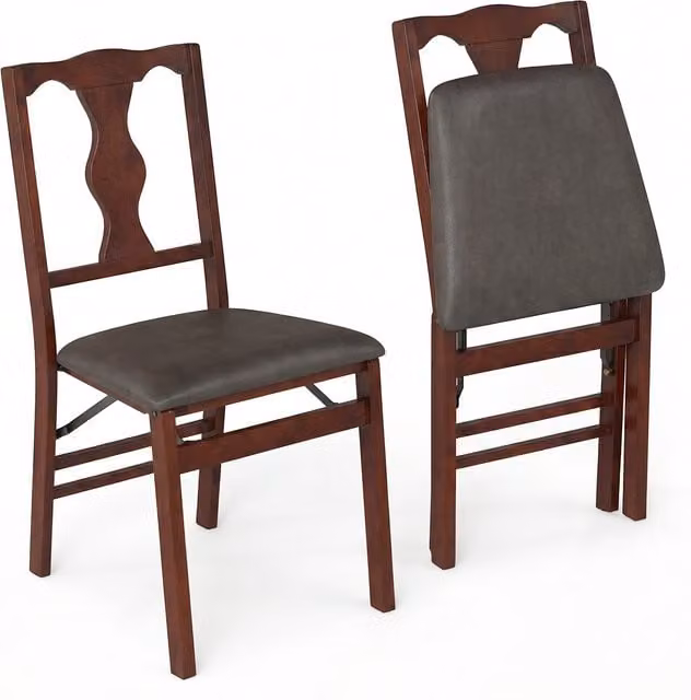 Costway Set of 2 Brown Fabric Upholstered Dining Chairs with Rustic Rubberwood Frames