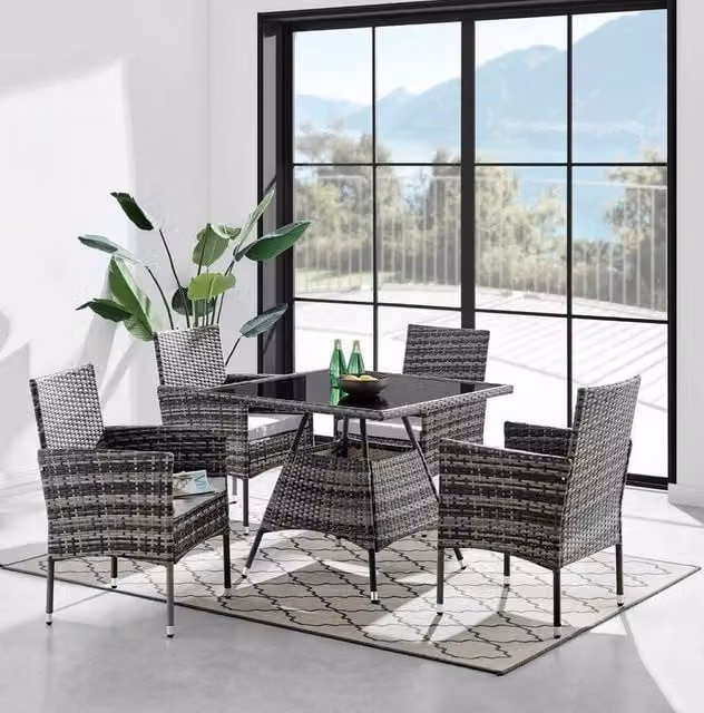 Modish Furnishing Seville Grey 4 Seater Square Rattan Dining Set with Light Grey Cushions