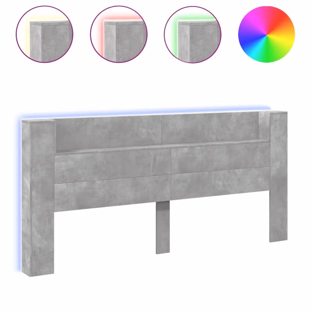 Berkfield Home Modern Headboard Cabinet with LED Lighting and USB Charging Port, Concrete Grey, W: 220 cm, D: 16.5 cm, H: 103.5 cm – 2