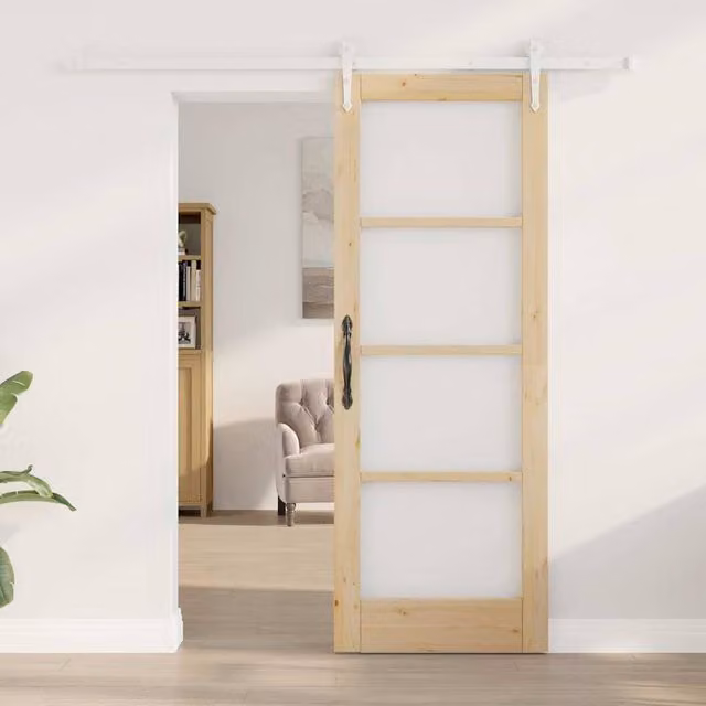Berkfield Home Solid Wood Pine Sliding Door with Hardware Set, Beige, W: 73.5 cm, H: 198.5 cm