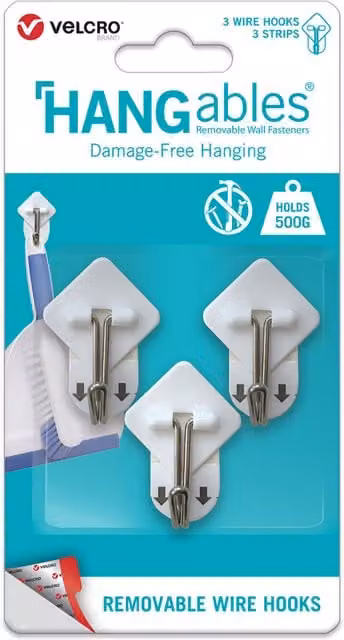 Pack of 3 White Plastic and Steel Utility Hangable Hooks with Velcro