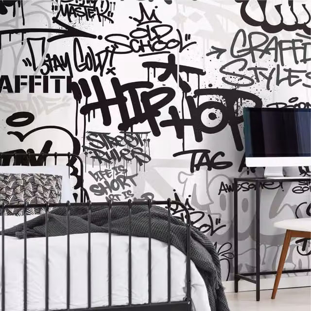 Origin Murals Mono Graffiti Abstract Wall Mural in Black and White, Large