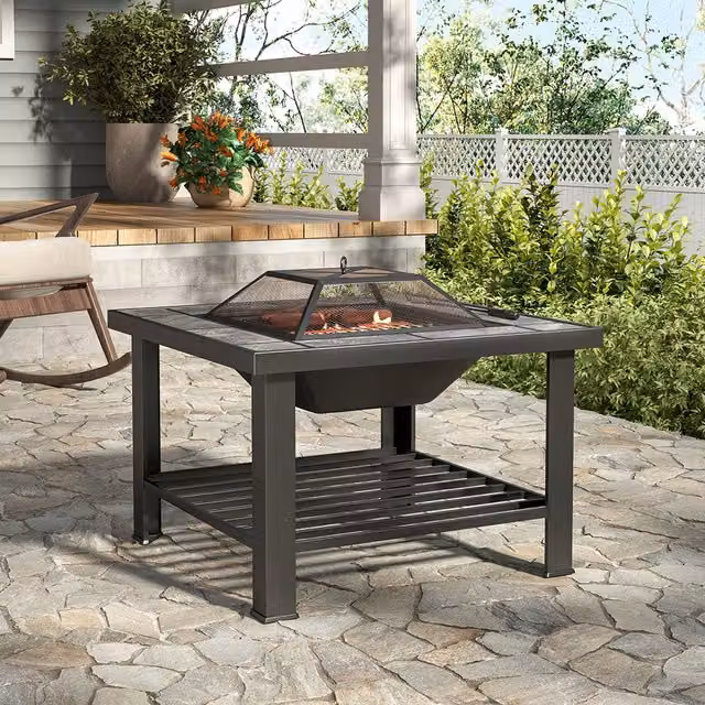 Livingandhome Black Steel Outdoor Wood Burning Fire Pit and Square Grill Table
