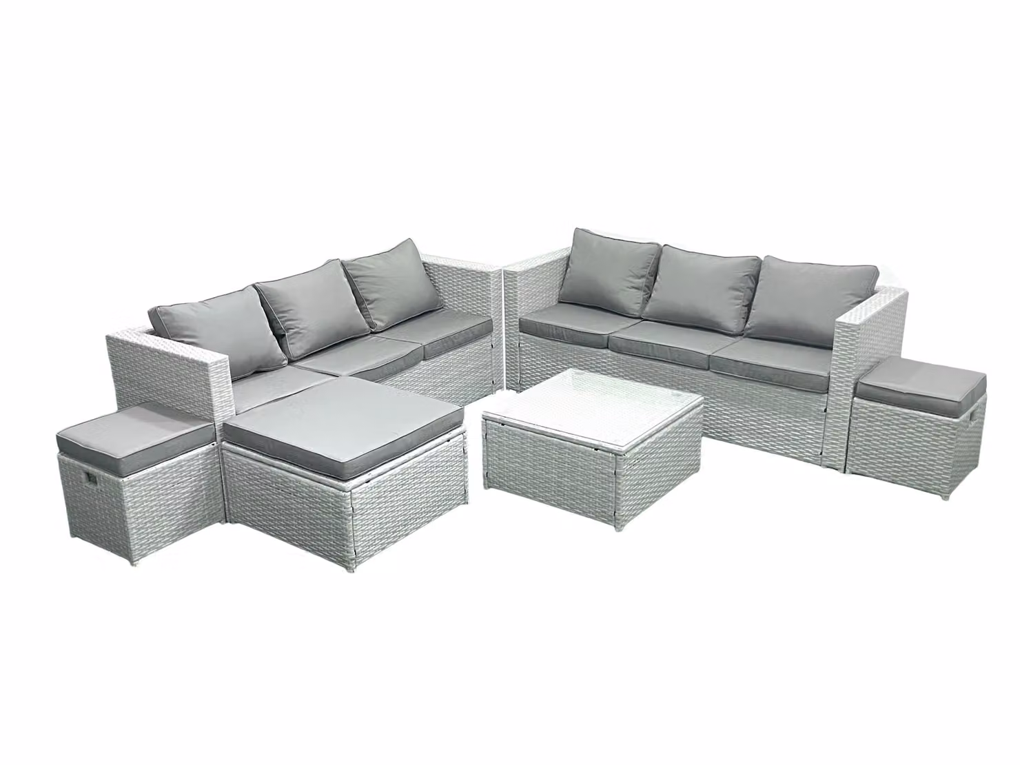Fimous 9 Seater Rattan Garden Furniture Set in Light Grey with Upholstered Cushions and Ottomans – 2