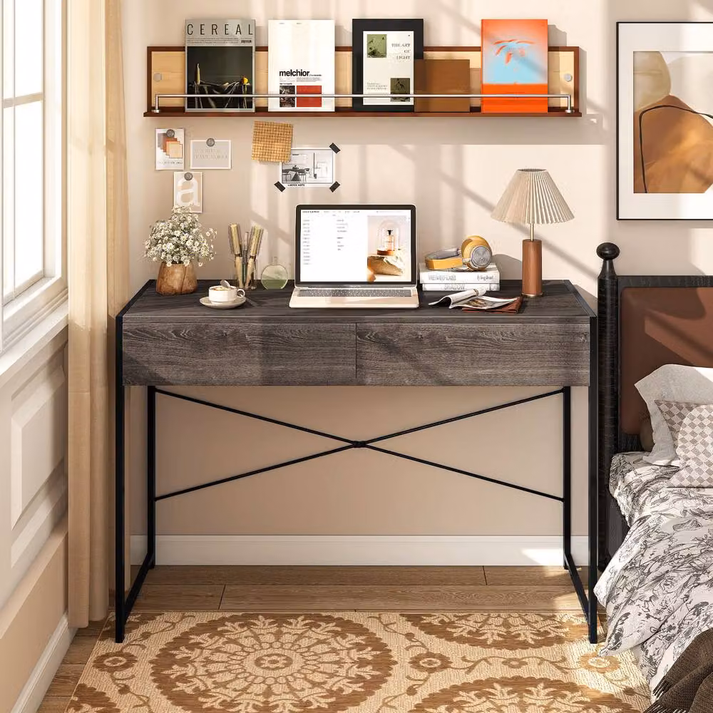 Costway Compact Computer Desk with 2 Drawers in Grey – 4