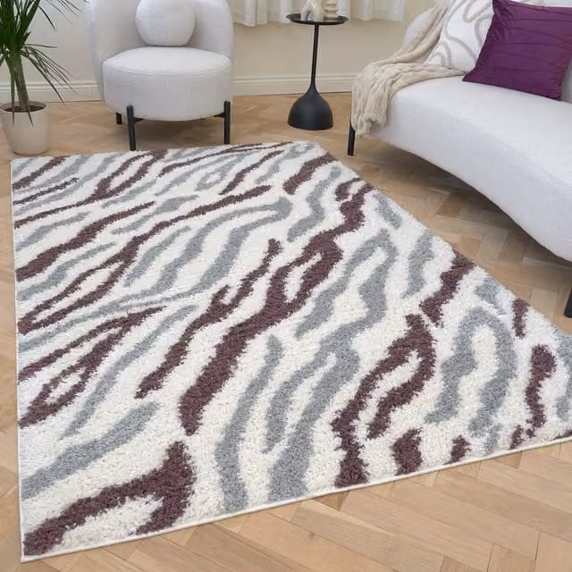 The Rugs Moodi Abstract Design Patterned Shaggy Rug in Purple and Grey