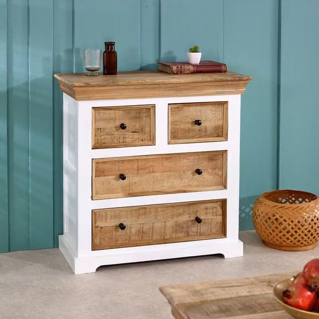 IH Design Bianco Solid Mango Wood White Chest of 4 Drawers in Brown