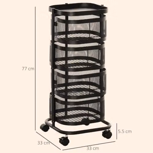 HOMCOM 4-Tier Metal Storage Trolley with Top Tray and Mesh Baskets, Black – 6