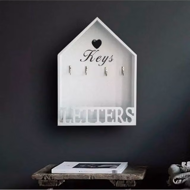 SPETLEK White Wall-Mounted Wooden Letter Rack and Key Holder with Hooks – 1
