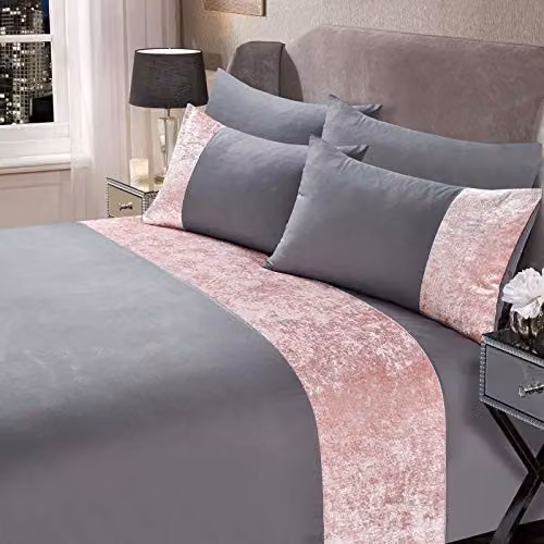Sienna Crushed Velvet Double Duvet Cover and Pillowcase Set in Pink and Grey, W/D/H: 200 x 200 cm – 1