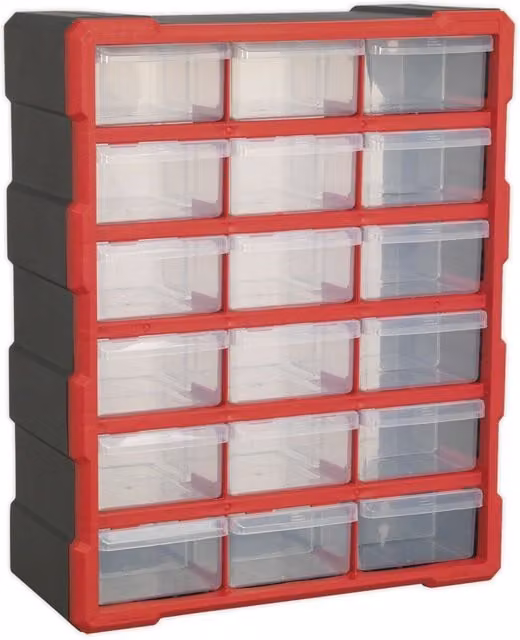 Loops 18 Drawer Parts Cabinet, Red, W/D/H: 37.5 x 16.5 x 47 cm, Wall Mounted or Standing