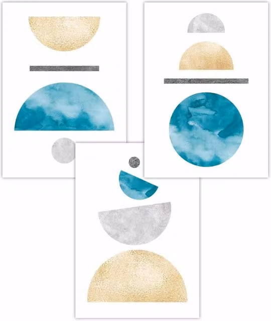 ARTZE Set of 3 Mid Century Abstract Geometric Wall Posters in Yellow, Blue, Grey and Multicolour, W: 59 cm, H: 84 cm