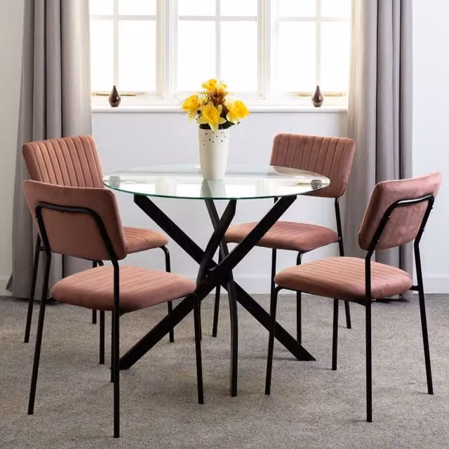 Seconique Sheldon Round Glass Top Dining Set with Pink Velvet Chairs