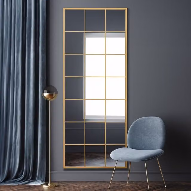 MirrorOutlet Fenestra Modern Metal Window Leaner Wall Mirror in Gold, H 200 x W 80 x D 1 cm
