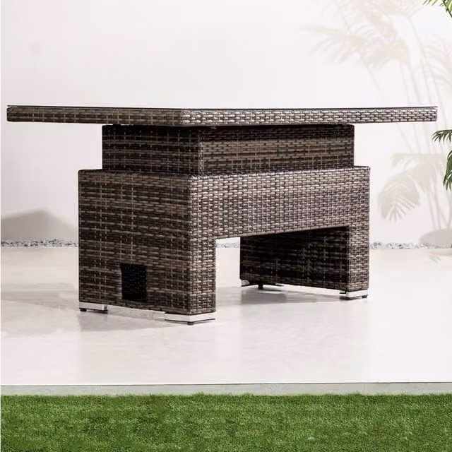Direct Wicker Brown Height Adjustable Rattan Outdoor Garden Table with Glass Top, 2 Pack