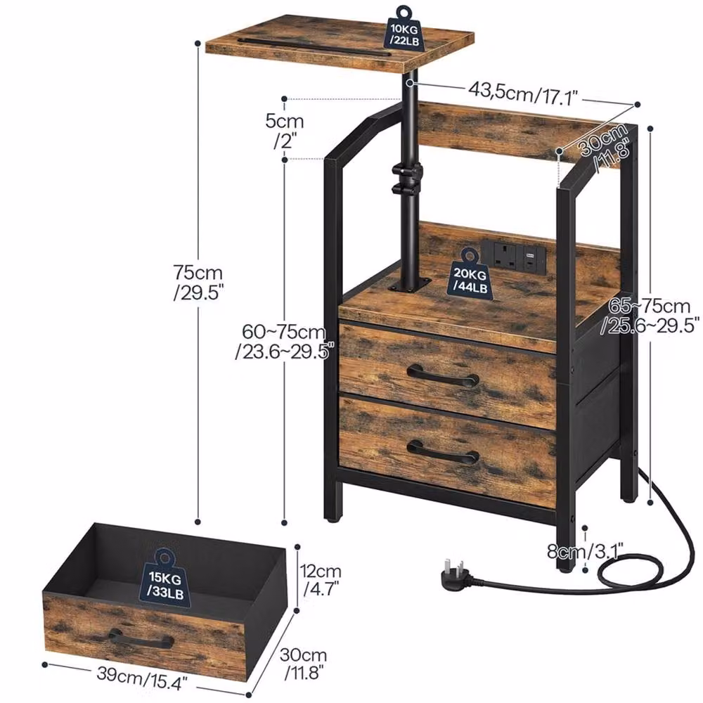 FORGEVIO Brown Bedside Table and Industrial Style Nightstand, W/D/H: 43.5 x 30 x 75 cm – 2
