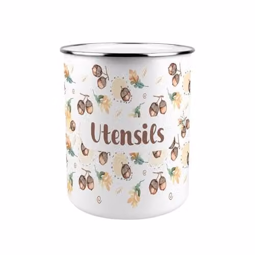 Purely Home Acorns & Oak Leaves Metal Utensil Holder, Brown and White, W: 18 cm, D: 18 cm, H: 16.5 cm