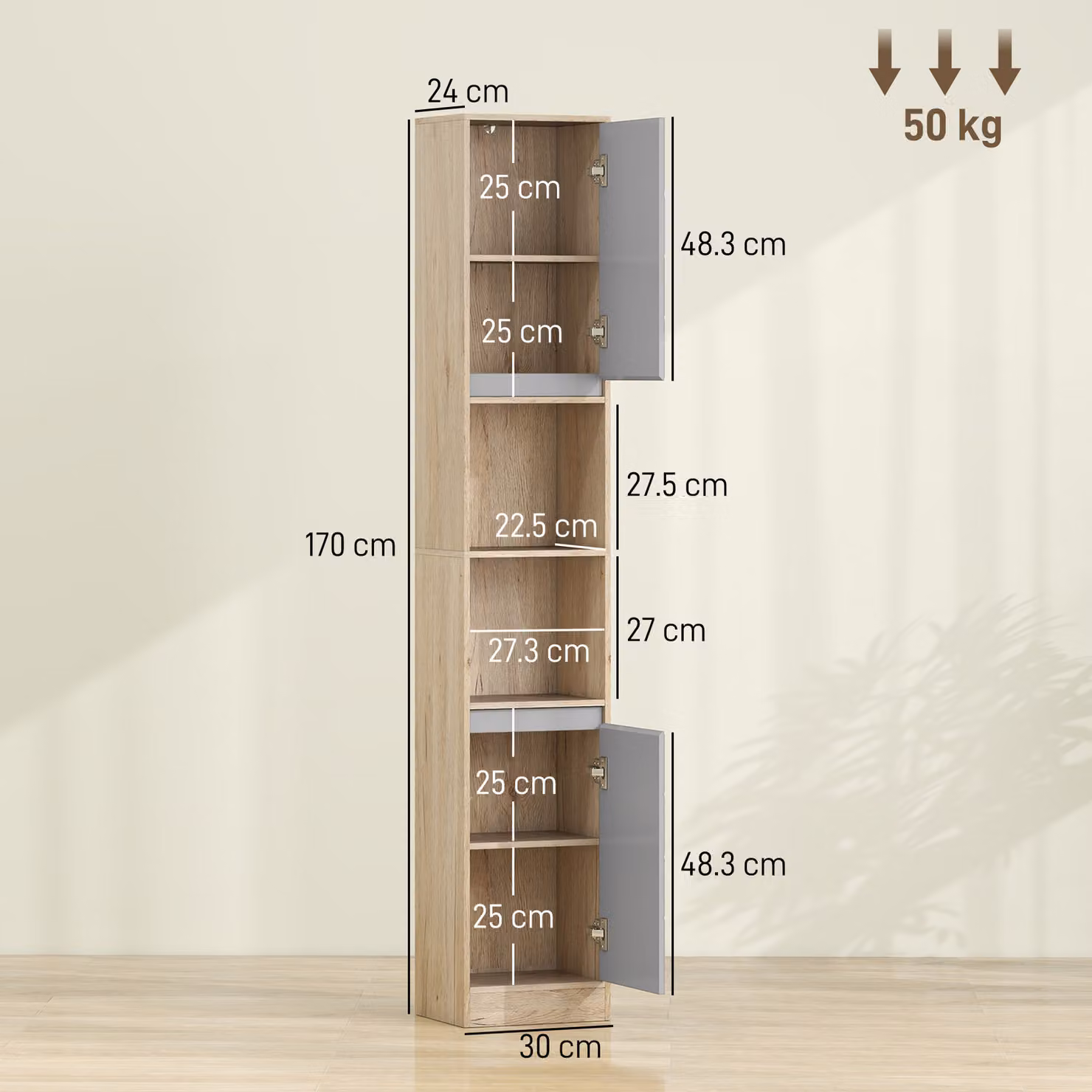 HOMCOM Tall Freestanding Bathroom Storage Cabinet with 2 Cupboards and 2 Compartments, Grey and Oak Brown, H: 170 cm, W: 30 cm, D: 40 cm – 3