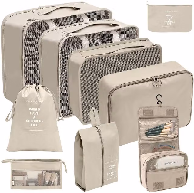 Leaper 9-Piece Mesh Fabric Cosmetic and Outdoor Luggage Storage Bag Set in Beige