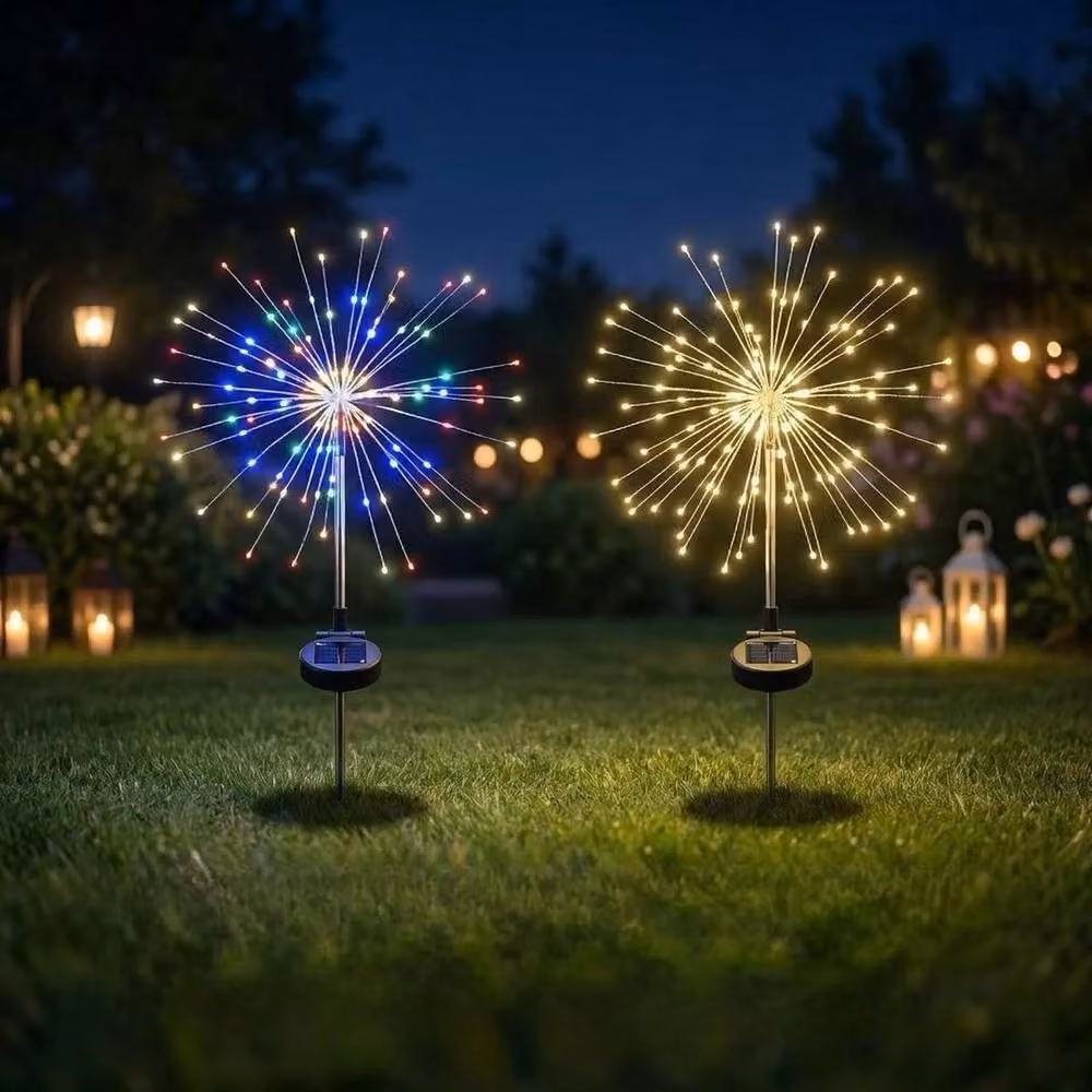 FLAVORA 4-Pack Solar Powered 90 LED Firework Starburst Stake Lights in Black with Warm White Effect – 2