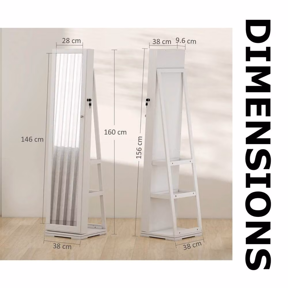 Pirlo Plush Modern Full Length Freestanding Mirror with Internal Shelves and Lock, White, H 160 cm x W 38 cm x D 20 cm – 5