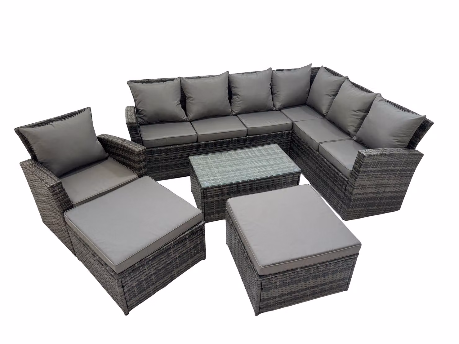 Fimous 9 Seater L-Shape Garden Sofa Set in Dark Grey with Coffee Table, Armchair and 2 Footstools – 2