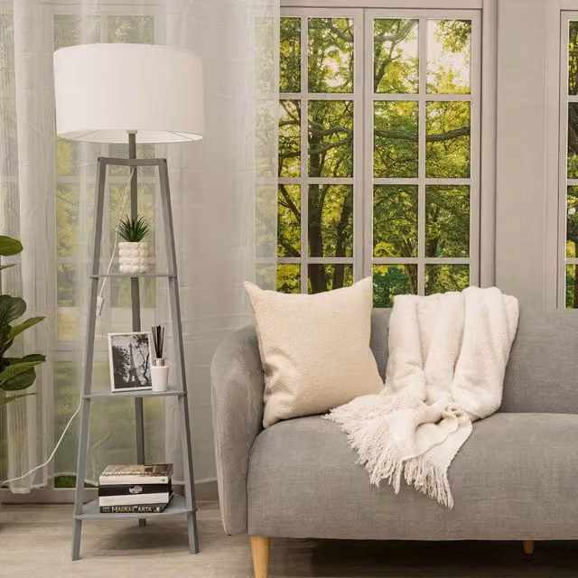 Hiru 3 Tier Shelf Floor Lamp with White Fabric Cylinder Shade