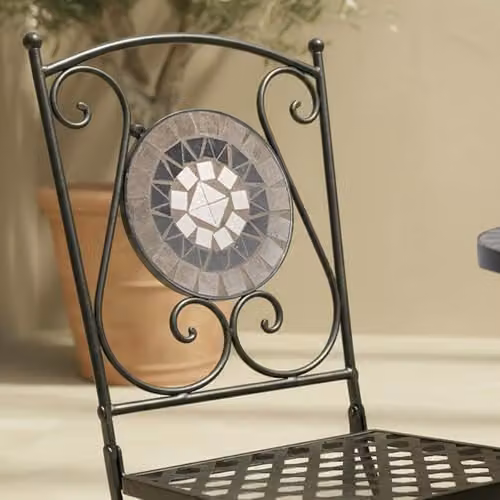 Charles Bentley 3 Piece Black and Grey Mosaic Bistro Set with Folding Chairs and Round Table for Garden and Outdoor Dining, W/D/H: 65 x 65 x 72 cm – 3