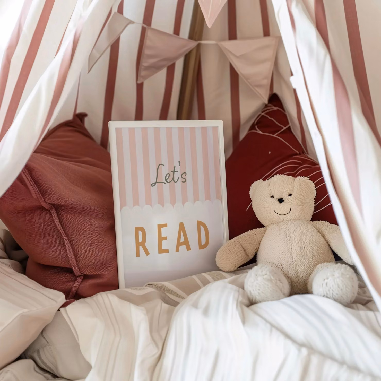 Autumns Corner Let's Read Stripy Edition Typography Print in Dusky Pink and Hessian, A4 – 3