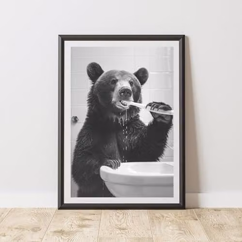 60 Second Makeover Bear Brushing Teeth Animal Print Paper Poster, Black and White, W: 21.0 cm, H: 29.7 cm