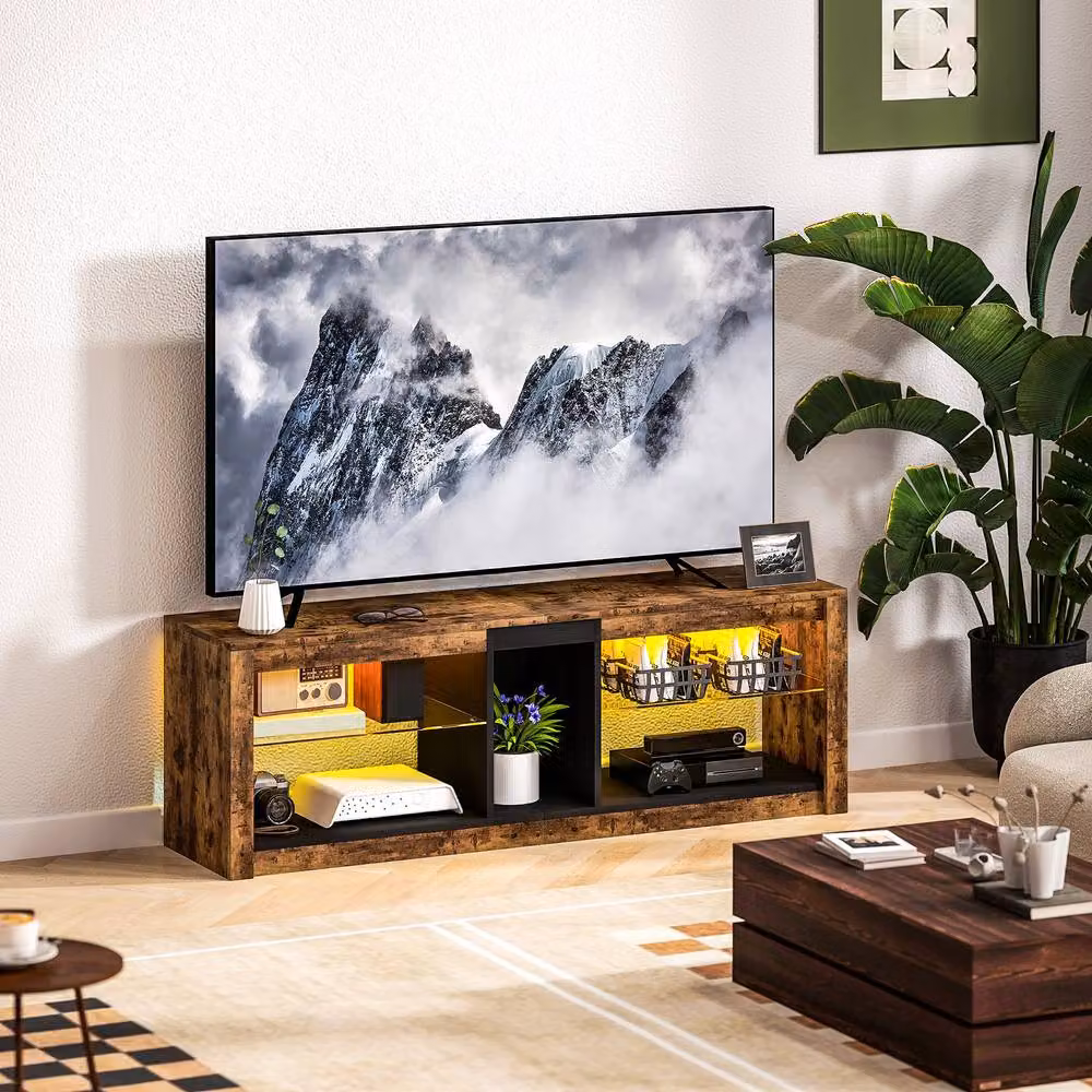 STILVORA Rustic Brown TV Stand with Integrated LED Lighting, Adjustable Shelves and Media Compartments, Width: 140 cm – 2