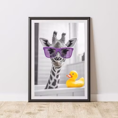 60 Second Makeover Giraffe in Purple Glasses Animal Print Paper Poster, W: 21.0 cm, H: 29.7 cm