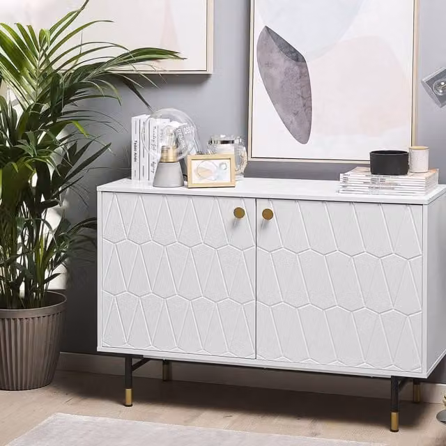 Wyld and Coco Modern White 2 Door Sideboard with Black Metal Legs and Gold Details