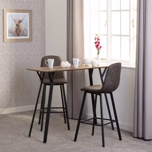 Seconique Quebec Bar Table and Two Bar Chairs Set in Medium Oak Effect Brown