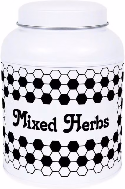 Purely Home Hexagon Tiles Snacks Canister with Small Domed Lid, Mixed Herbs, 110g, Black and White Geometric Metal Storage Jar