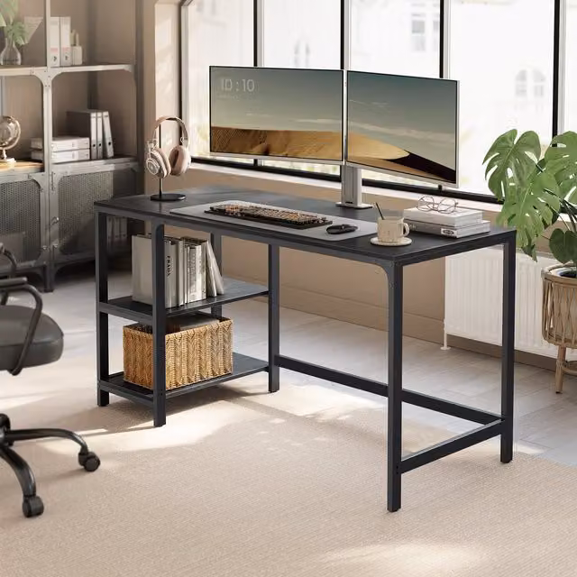 VASAGLE Modern Black Computer Desk with 2 Shelves, W/D/H: 140 x 60 x 76 cm