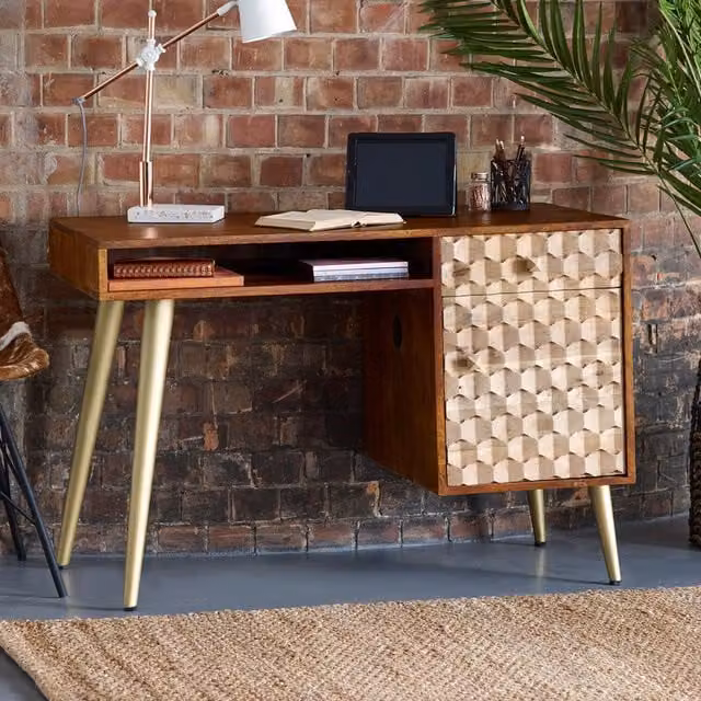 Worcester Modern Brown Wood Writing Desk with Gold Metal Accents