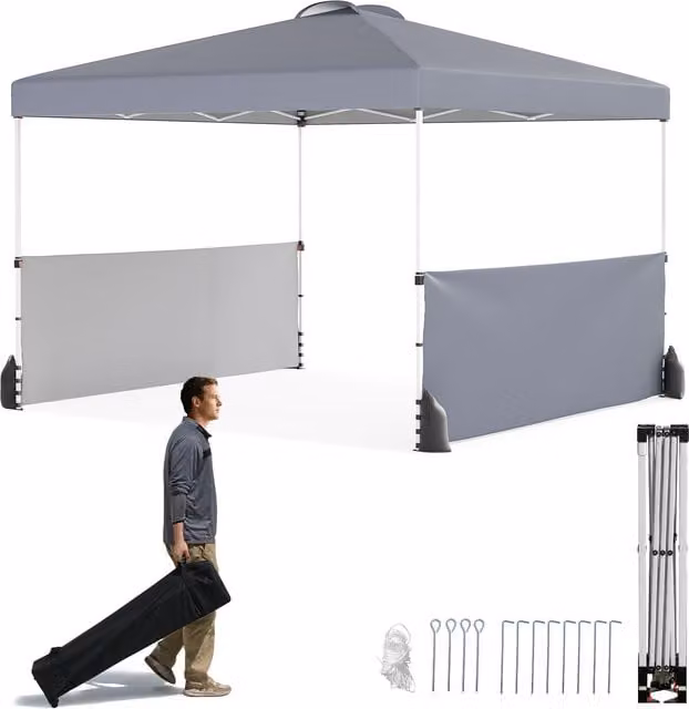 Gymax Pop up Canopy Tent with 2 Half Sidewalls and Wheeled Bag, Grey, W: 300 cm, D: 300 cm, H: 266 cm